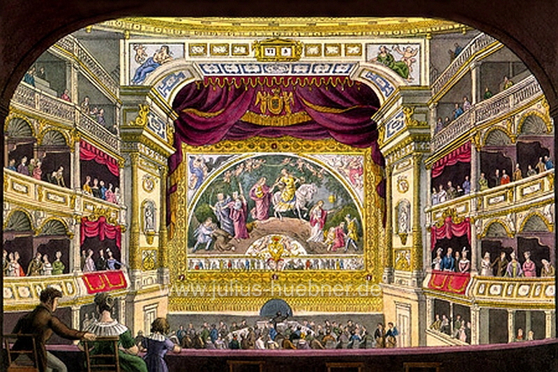 Innenraum 1. Knigliches Hoftheater, mit dem Theatervorhang von Julius Hbner | Postkarte um 1842 nach einer kolorierten Radierung von Johann Carl August Richter (1785-1853)